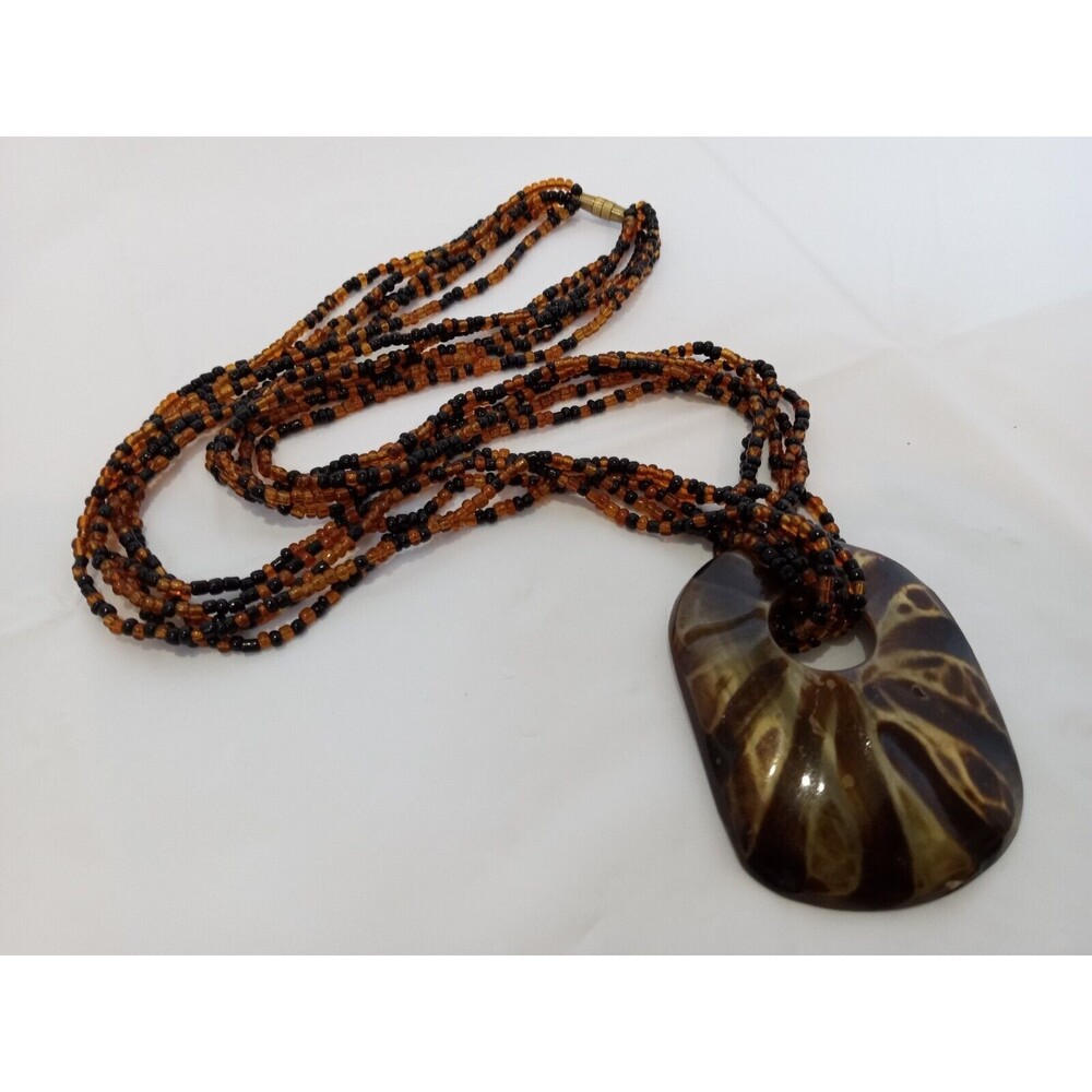 Handmade Tribal Black & Amber Seed Bead & Carved Coconut Pendant Necklace 20"